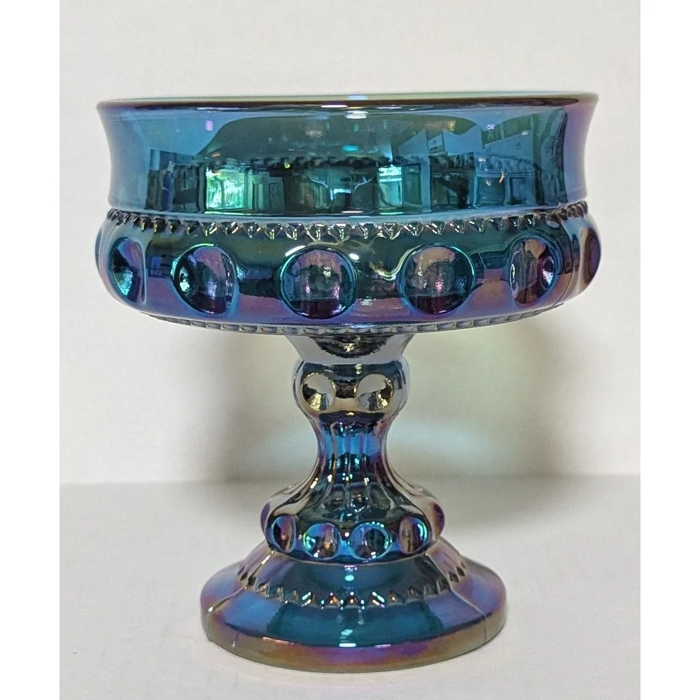 Vintage Indiana Glass King's Crown Blue Carnival Glass Compote Thumbprint 5.75